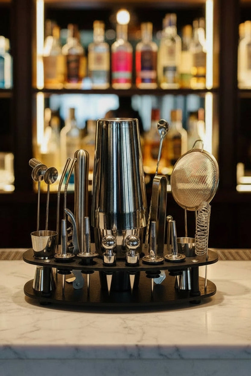 Set de Cocktail Professionnel 24 Pièces – Kit Complet de Bartender en Acier Inoxydable avec Support
