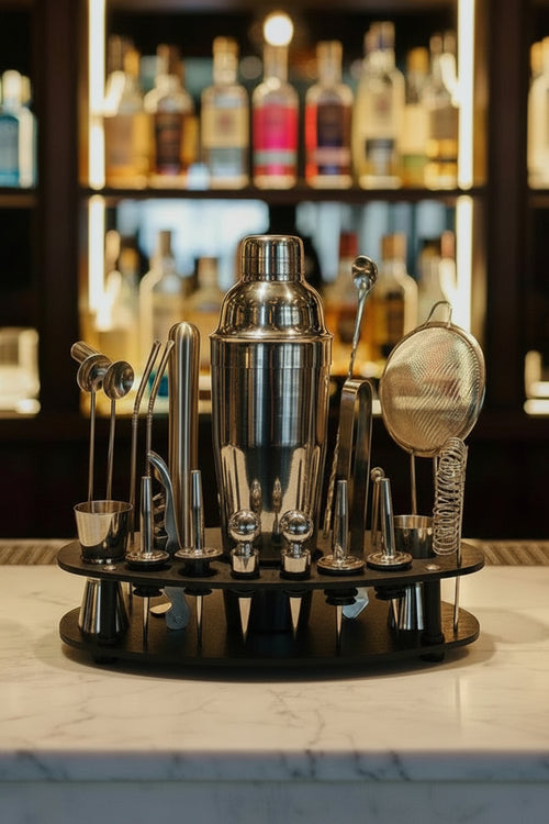 Set de Cocktail Professionnel 24 Pièces – Kit Complet de Bartender en Acier Inoxydable avec Support